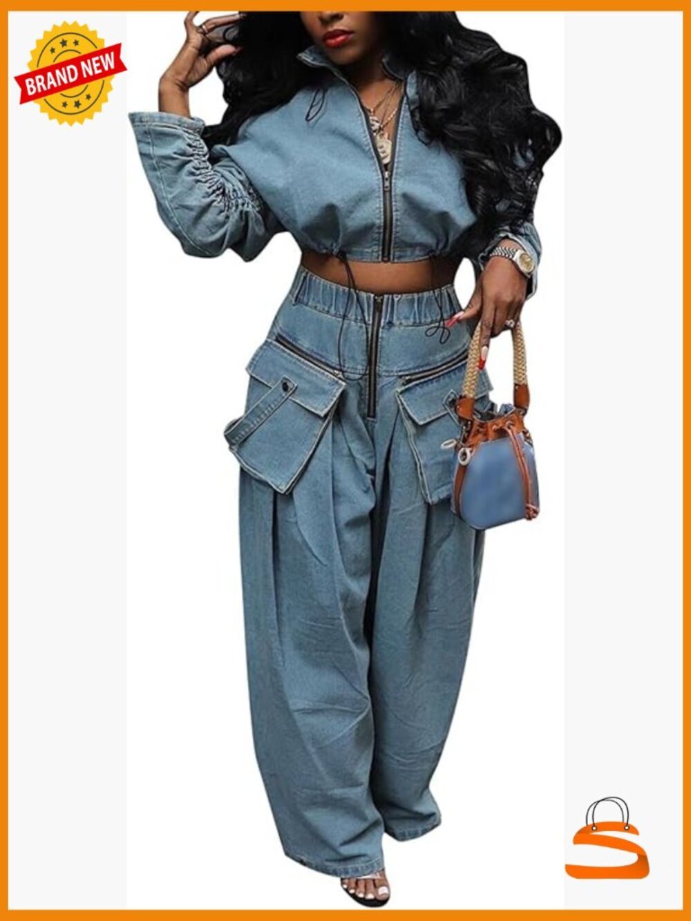 Women's Denim 2 Piece Set - Baggy Cargo Jeans & Cropped Jacket
